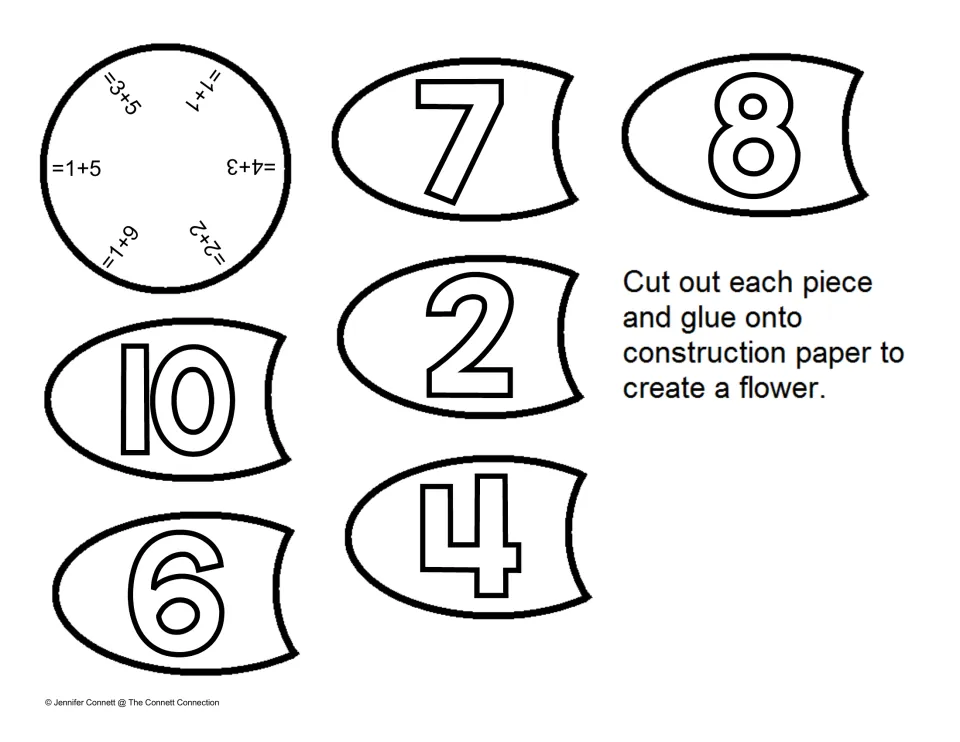 Mixed addition facts: students cut out a centre circle of sums like 1+5 and 4+3 and number petals to build a flower