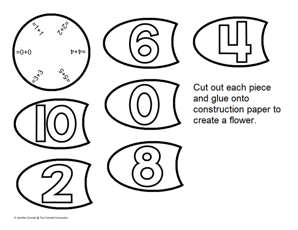 Doubles facts from 0+0 to 5+5 on the centre piece, matched to petals showing 0, 2, 4, 6, 8 and 10 for a paper bloom