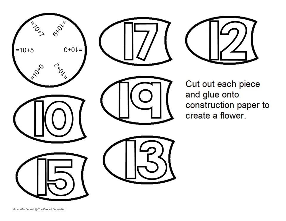 Ten plus ones: centre facts 10+5, 10+9 and 10+0 match teen-number petals 10, 12, 13, 15, 17 and 19 for the craft