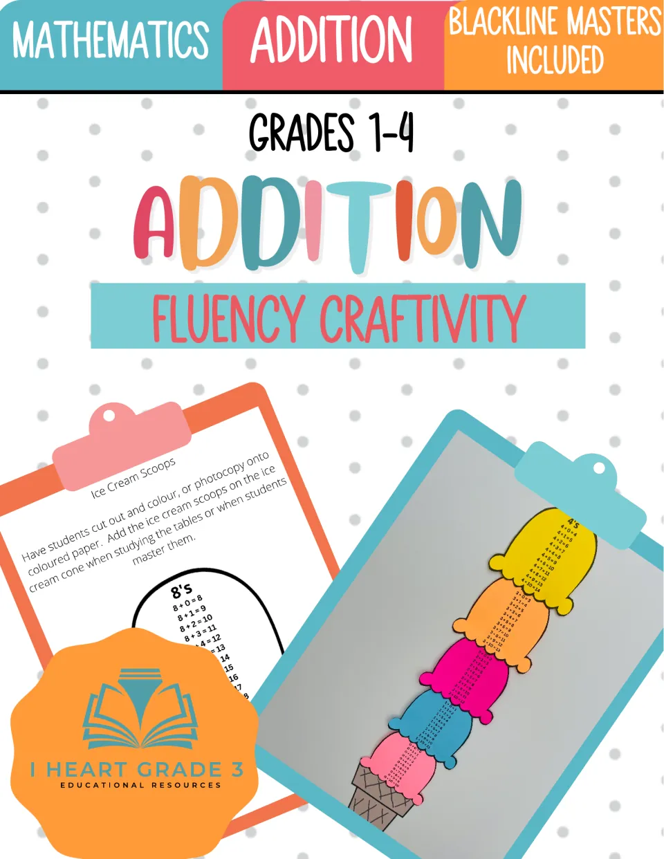 Addition Fluency Craftivity cover for grades 1–4, showing an assembled ice cream cone with addition scoops