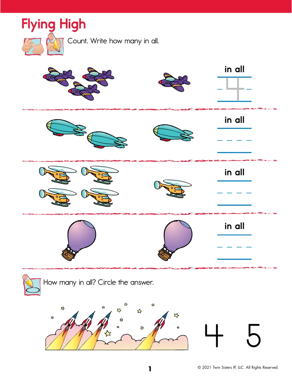 Flying High: students count groups of planes, blimps, helicopters and balloons, write how many in all, then circle 4 or 5