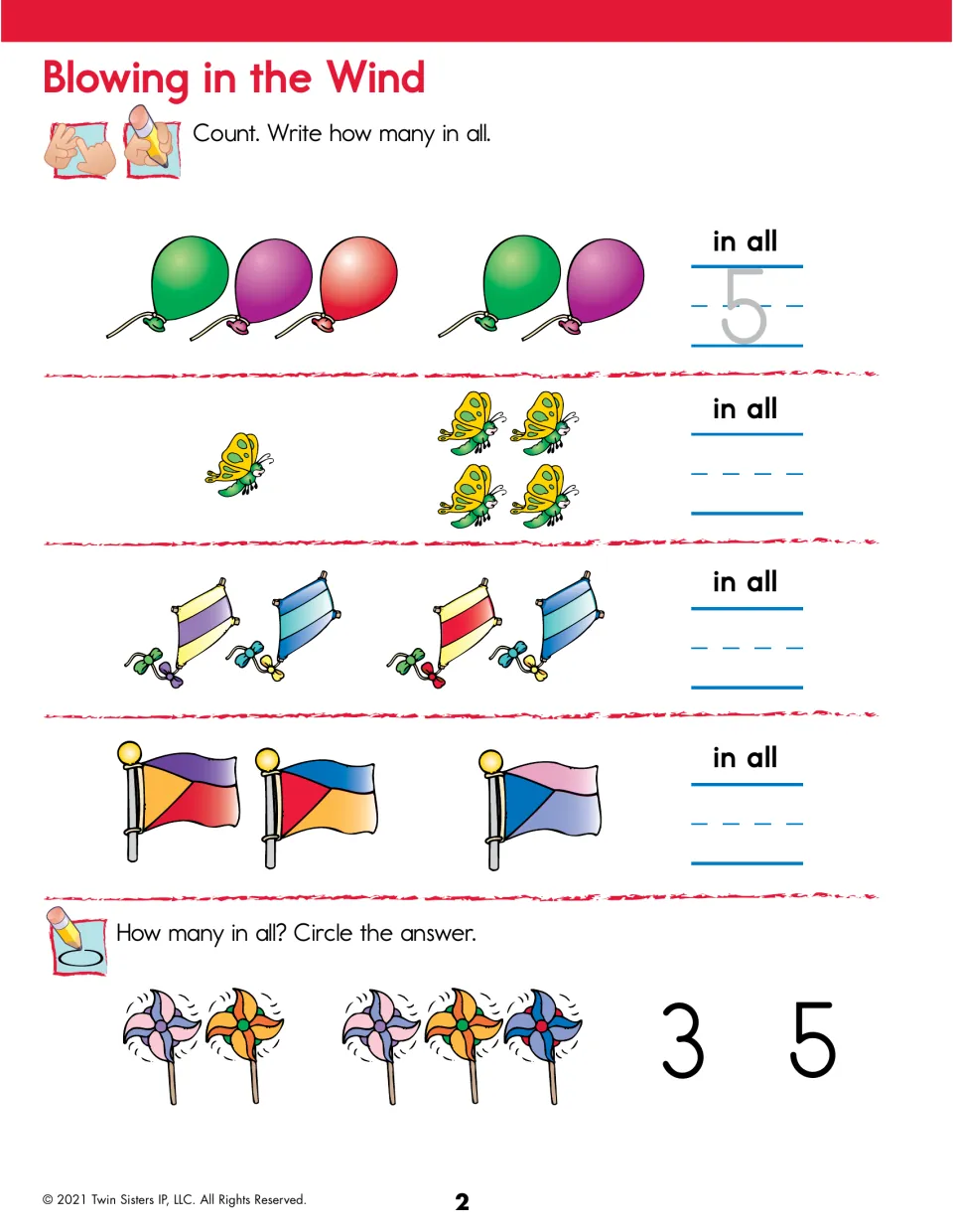 Blowing in the Wind: students count balloons, butterflies, kites and flags, write the total, then circle 3 or 5