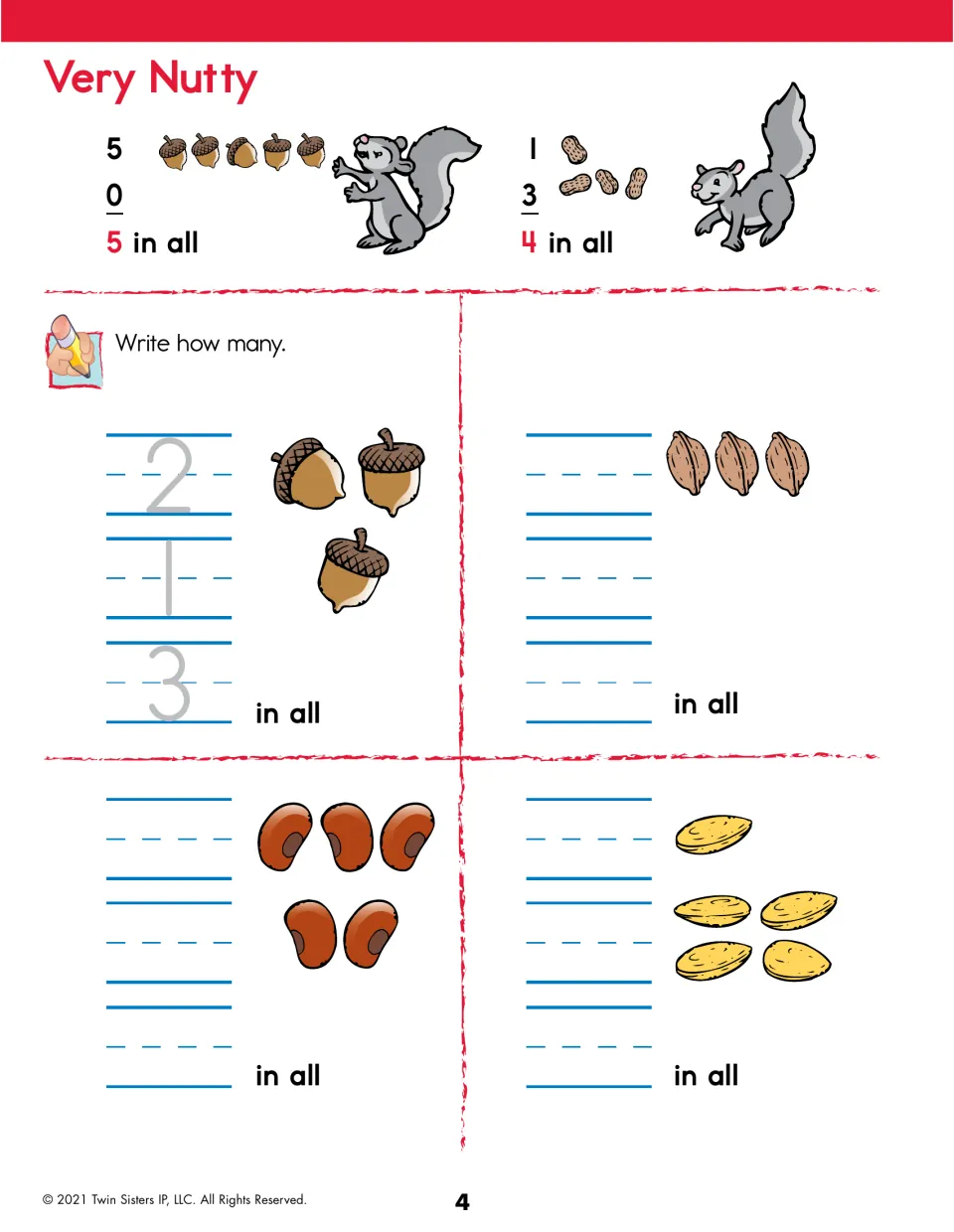 Very Nutty: vertical addition with acorns, walnuts, beans and seeds; students write each group count and the total