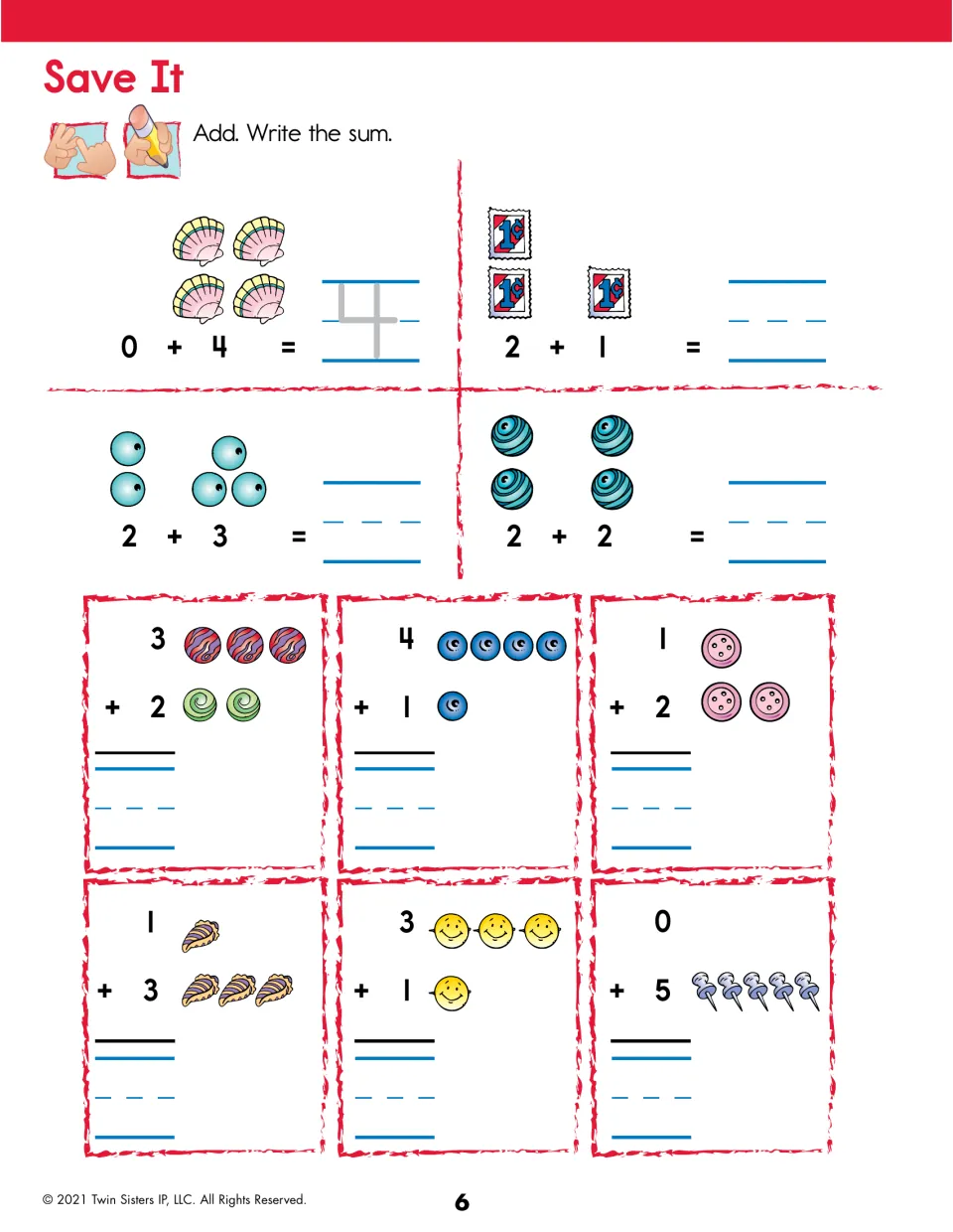 Save It: sums to 5 in horizontal and vertical form, such as 0 + 4 and 3 + 2, with shells, stamps and buttons to count