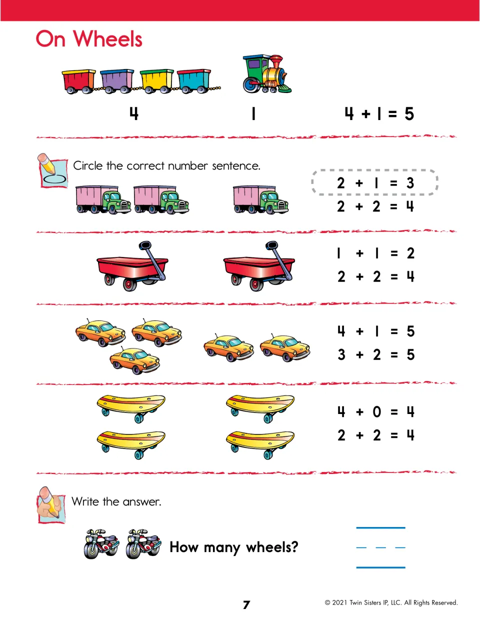 On Wheels: students circle the number sentence that matches trucks, wagons, cars and skateboards, then count motorbike wheels