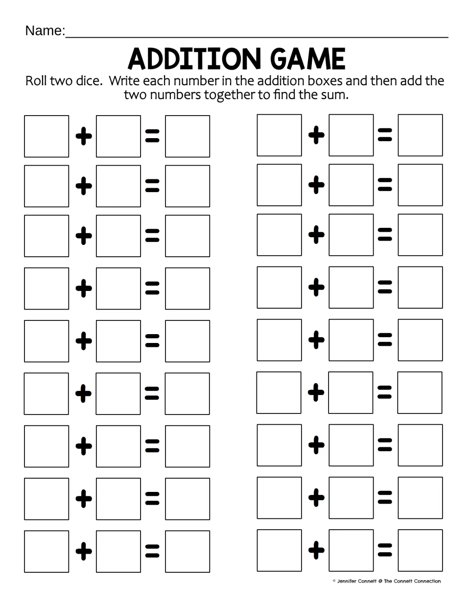 Dice addition game: students roll two dice, write each number in an addition sentence and find the sum, 18 times