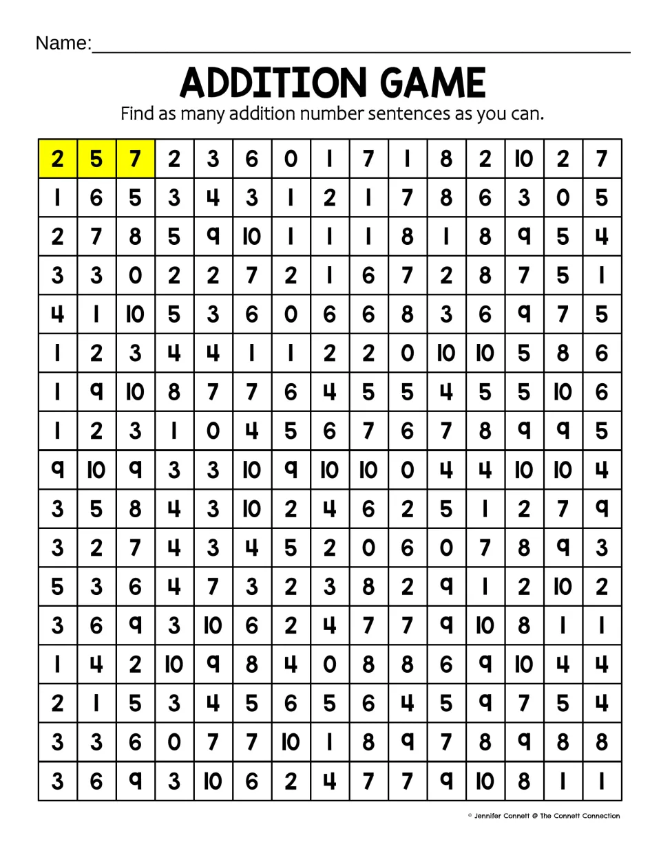 Addition number search: students hunt rows of numbers 0-10, 15 across, for sums like the highlighted example 2, 5, 7