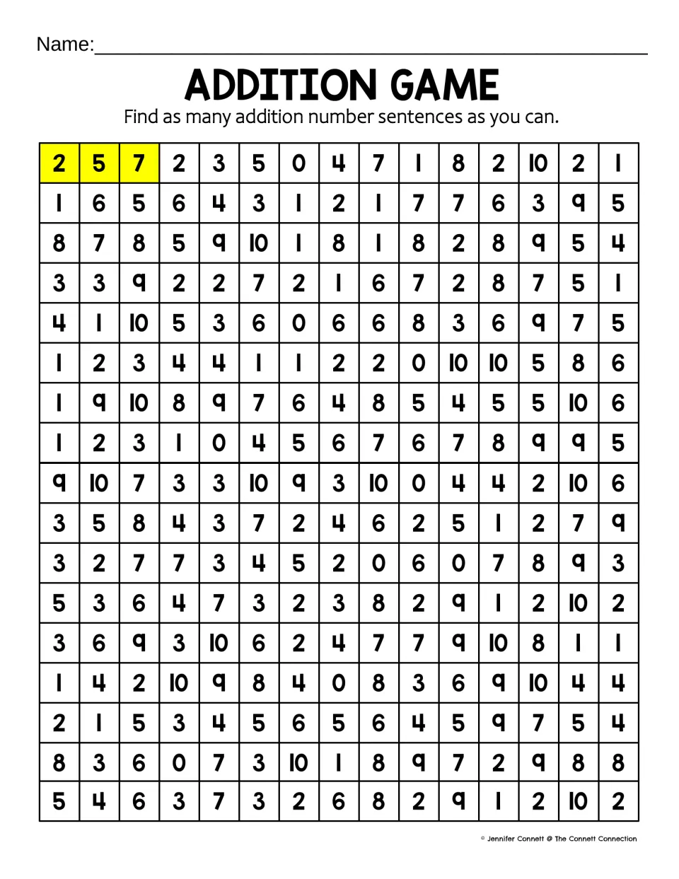 Second 15-across number search: students find hidden addition sentences among 0-10 numbers, starting from 2 + 5 = 7