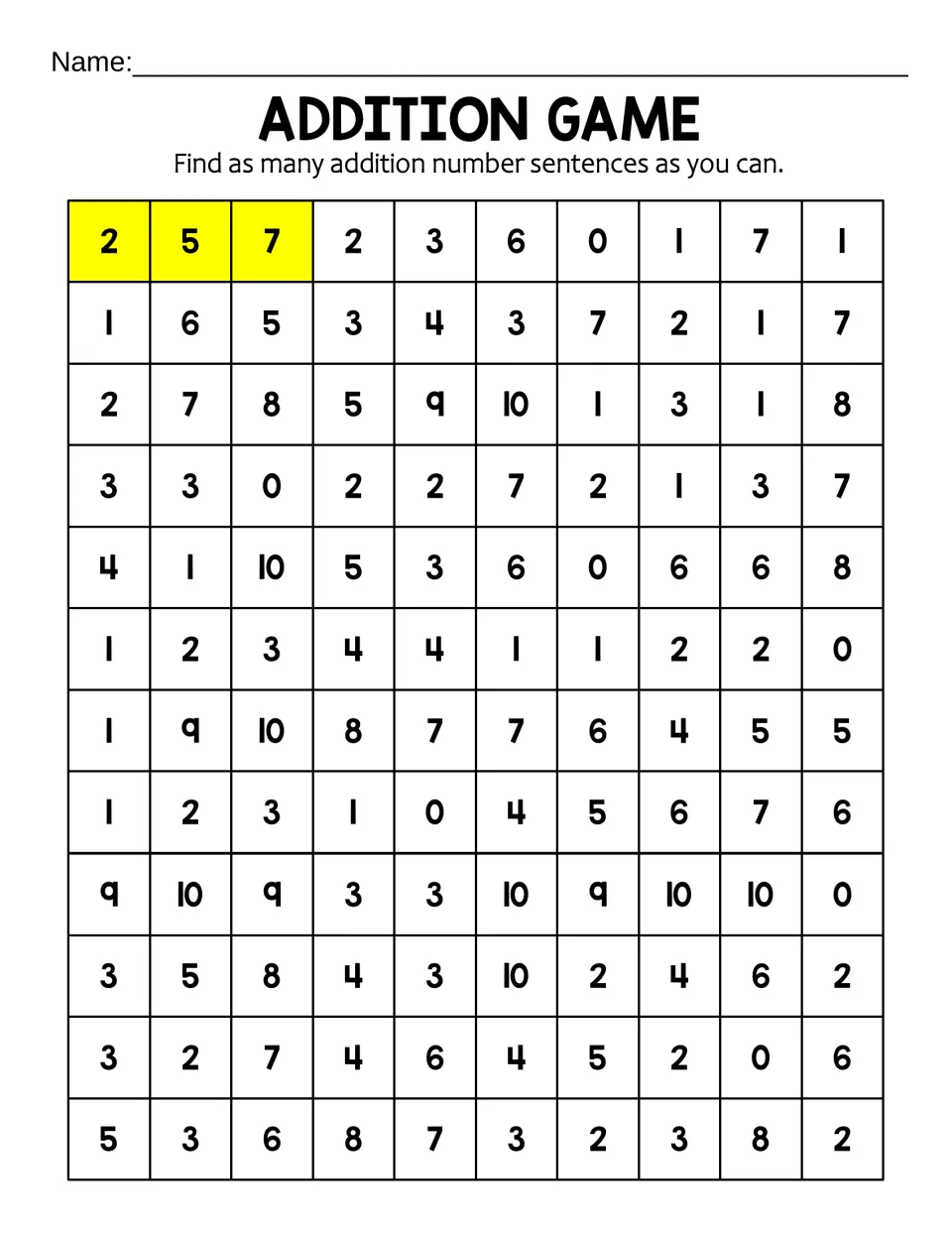 Smaller number search, 10 numbers across and 12 rows: students spot three-number addition sentences, example 2 5 7