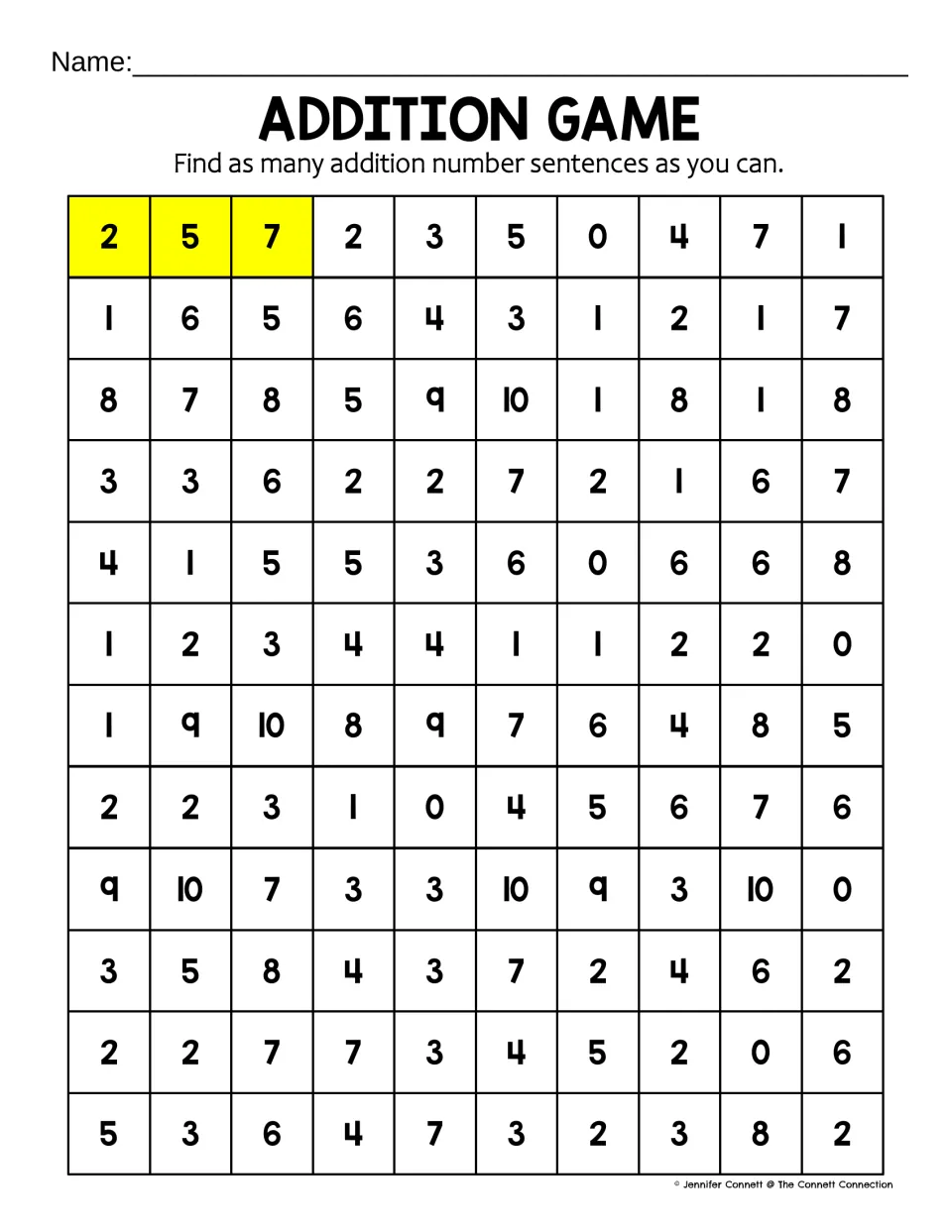 Second 10-across number search: students look for sums hidden in 12 rows of numbers 0-10, with 2, 5, 7 marked as a model