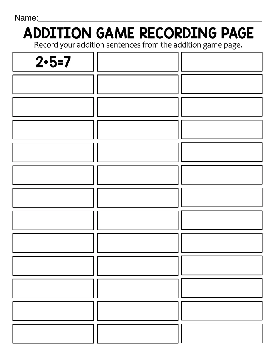 Recording page: students write each addition sentence they find in the number search, beginning with the model 2+5=7
