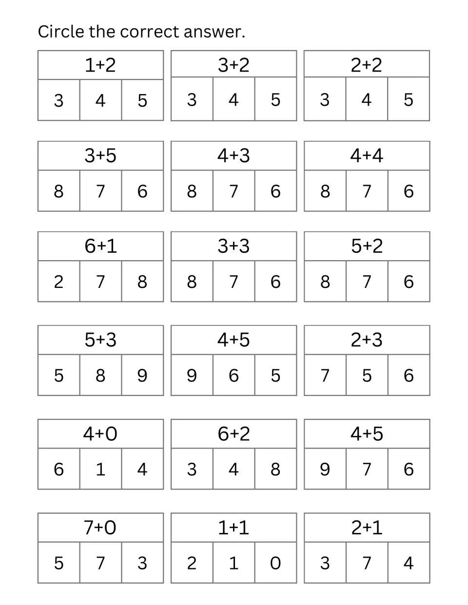 Single-digit addition facts: students circle the correct sum from three choices for 18 problems such as 3+5 and 4+4