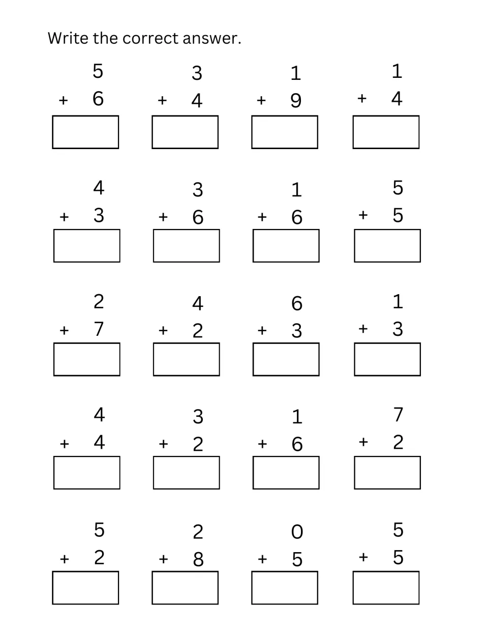 Vertical single-digit addition: students write the sum for each of 20 stacked problems such as 5 + 6, 1 + 9 and 2 + 8