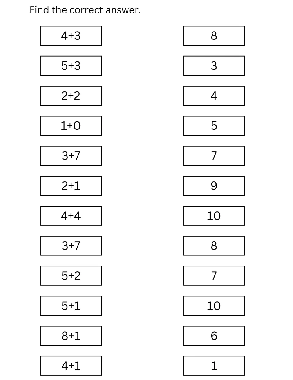 Addition matching: students pair 12 single-digit sums like 4+3, 5+1 and 8+1 with the right total from a list of 1 to 10