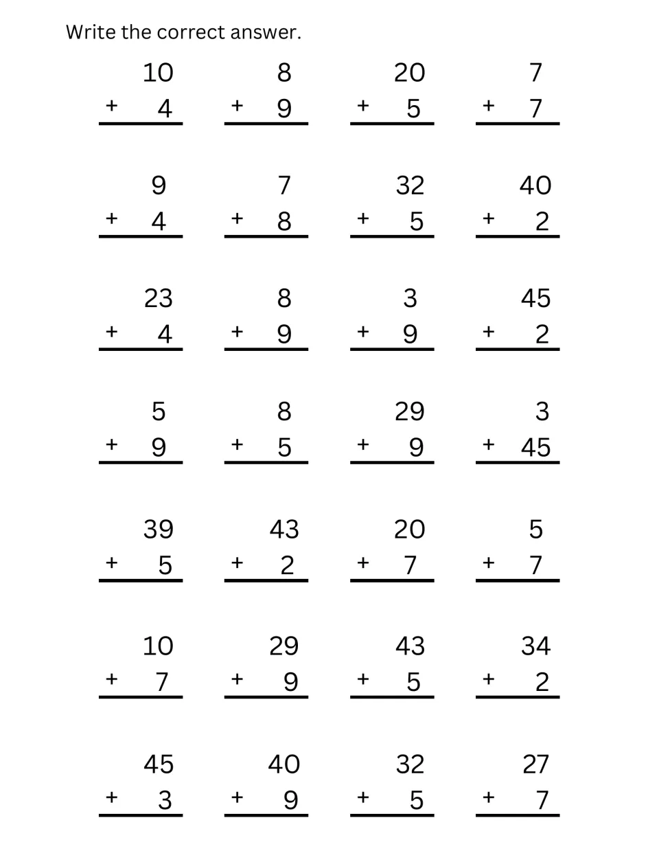 Mixed addition up to two digits: students solve 28 vertical problems such as 8 + 9, 23 + 4, 29 + 9 and 3 + 45