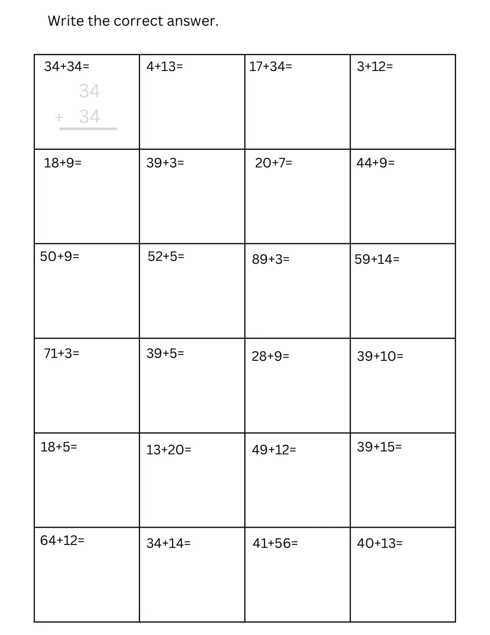 Two-digit horizontal addition: students solve 24 sums like 18+9 and 59+14, with 34+34 rewritten vertically as a model