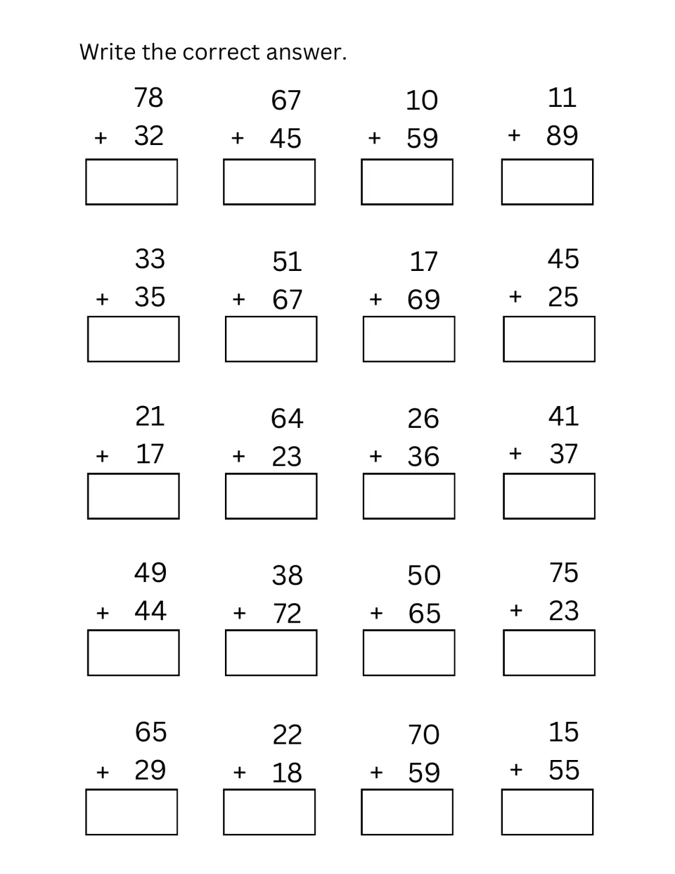 Two-digit plus two-digit addition: students write the sum for 20 vertical problems such as 78 + 32, 33 + 35 and 65 + 29