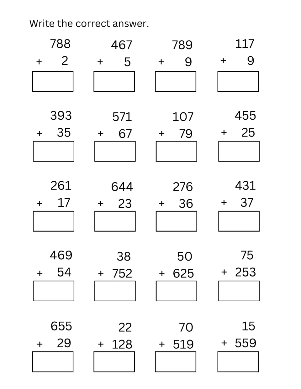 Adding three-digit and smaller numbers: students solve 20 vertical problems such as 788 + 2, 393 + 35 and 22 + 128