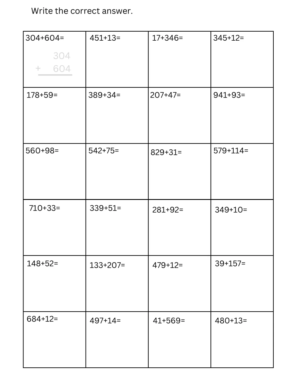 Three-digit horizontal addition: students solve 24 sums like 178+59 and 579+114, with 304+604 shown stacked as a guide