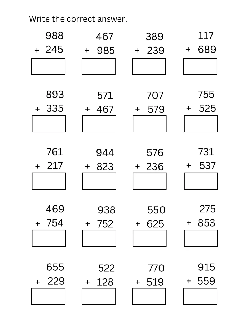 Three-digit plus three-digit addition: students write sums for 20 vertical problems such as 988 + 245 and 915 + 559