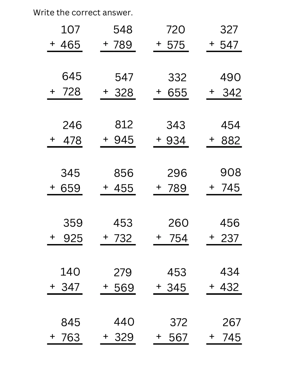 Three-digit addition practice: students solve 28 vertical problems such as 107 + 465, 856 + 455 and 845 + 763