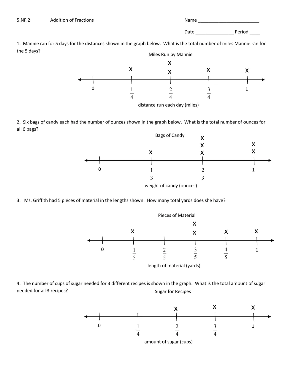 Addition of fractions, 5.NF.2: students total line plot data on miles run, candy, material and sugar in problems 1-4