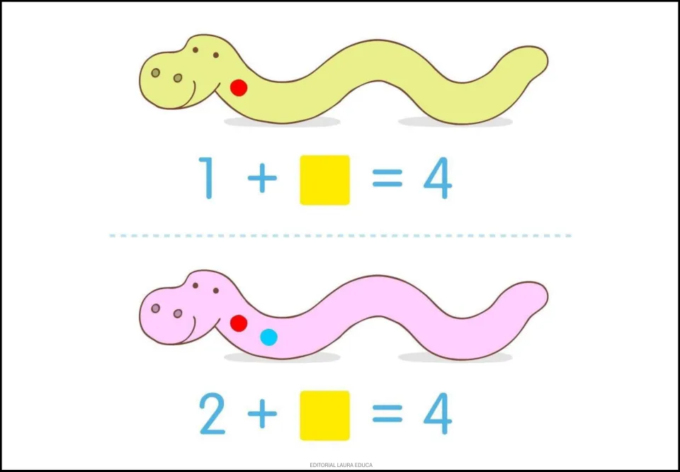 Snake addition practice: 1 + __ = 4 and 2 + __ = 4, with one and two colored dots showing the first addends.
