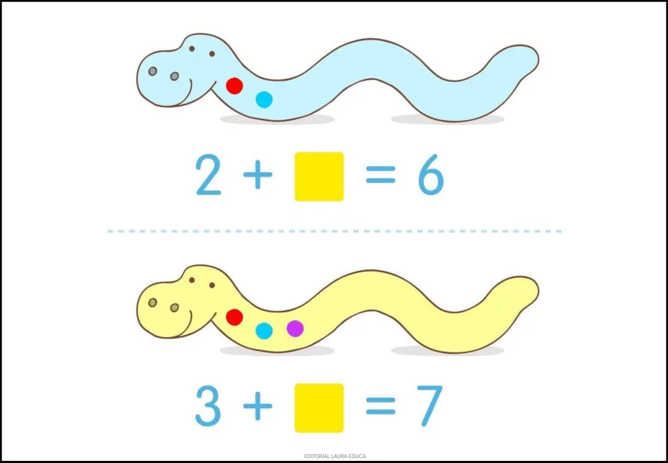 Snake addition practice: 2 + __ = 6 and 3 + __ = 7, with two and three colored dots showing the first addends.