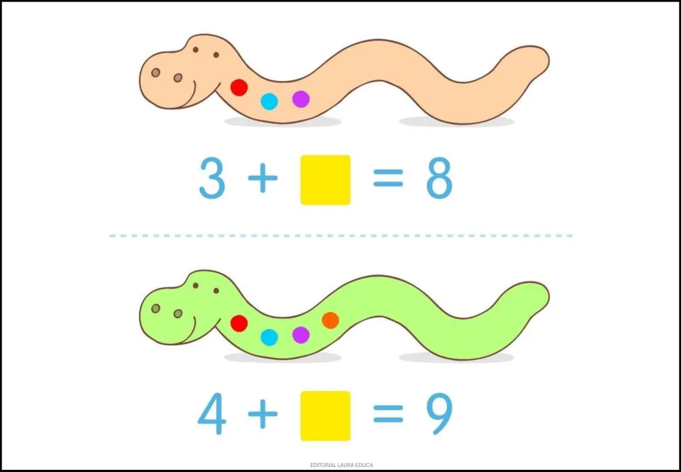 Snake addition practice: 3 + __ = 8 and 4 + __ = 9, with three and four colored dots showing the first addends.