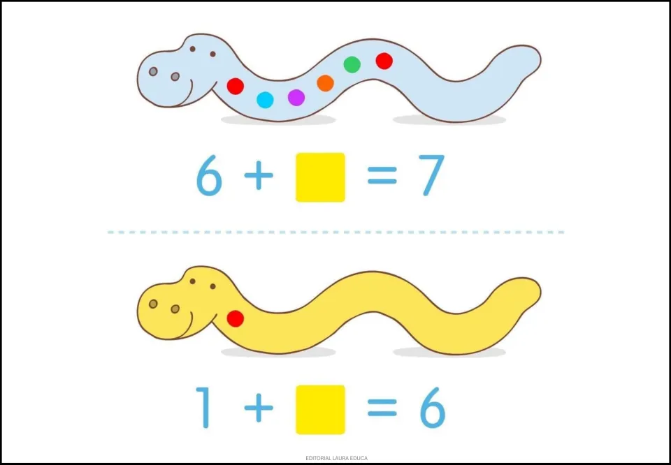 Snake addition practice: 6 + __ = 7 and 1 + __ = 6, with six and one colored dots showing the first addends.