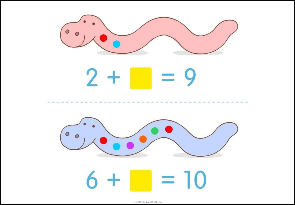 Snake addition practice: 2 + __ = 9 and 6 + __ = 10, with two and six colored dots showing the first addends.
