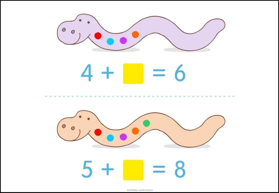 Snake addition practice: 4 + __ = 6 and 5 + __ = 8, with four and five colored dots showing the first addends.