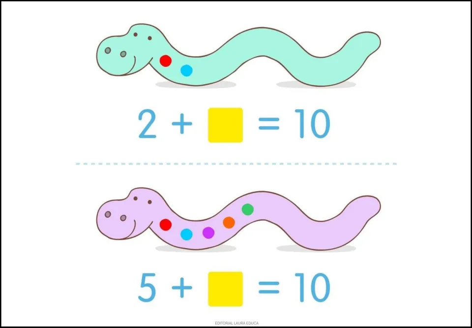 Snake addition practice: 2 + __ = 10 and 5 + __ = 10, with two and five colored dots showing the first addends.