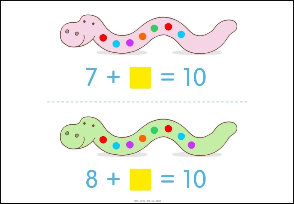 Snake addition practice: 7 + __ = 10 and 8 + __ = 10, with seven and eight dots showing the first addends.
