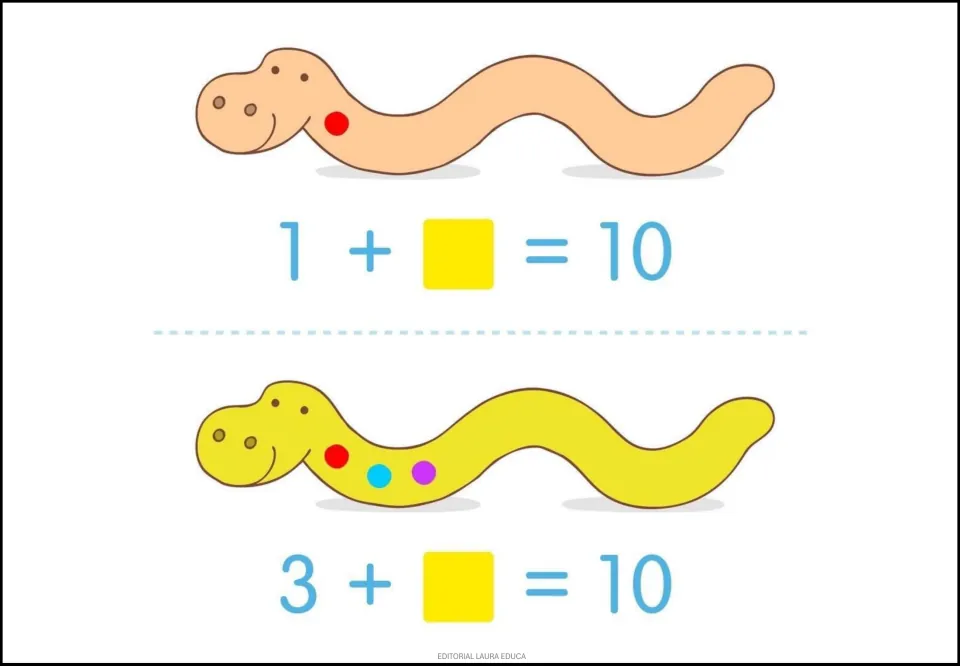Snake addition practice: 1 + __ = 10 and 3 + __ = 10, with one and three colored dots showing the first addends.