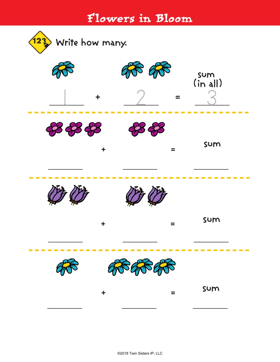 Flowers in Bloom: students count two groups of flowers, write how many in each and write the sum, with 1 + 2 = 3 traced