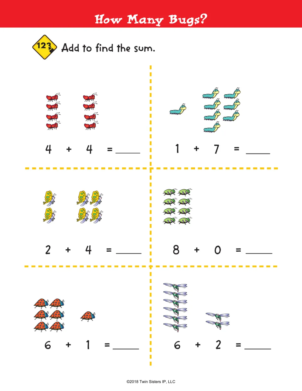 How Many Bugs?: students add six bug-picture facts such as 4 + 4, 1 + 7 and 8 + 0, counting ants, beetles and dragonflies