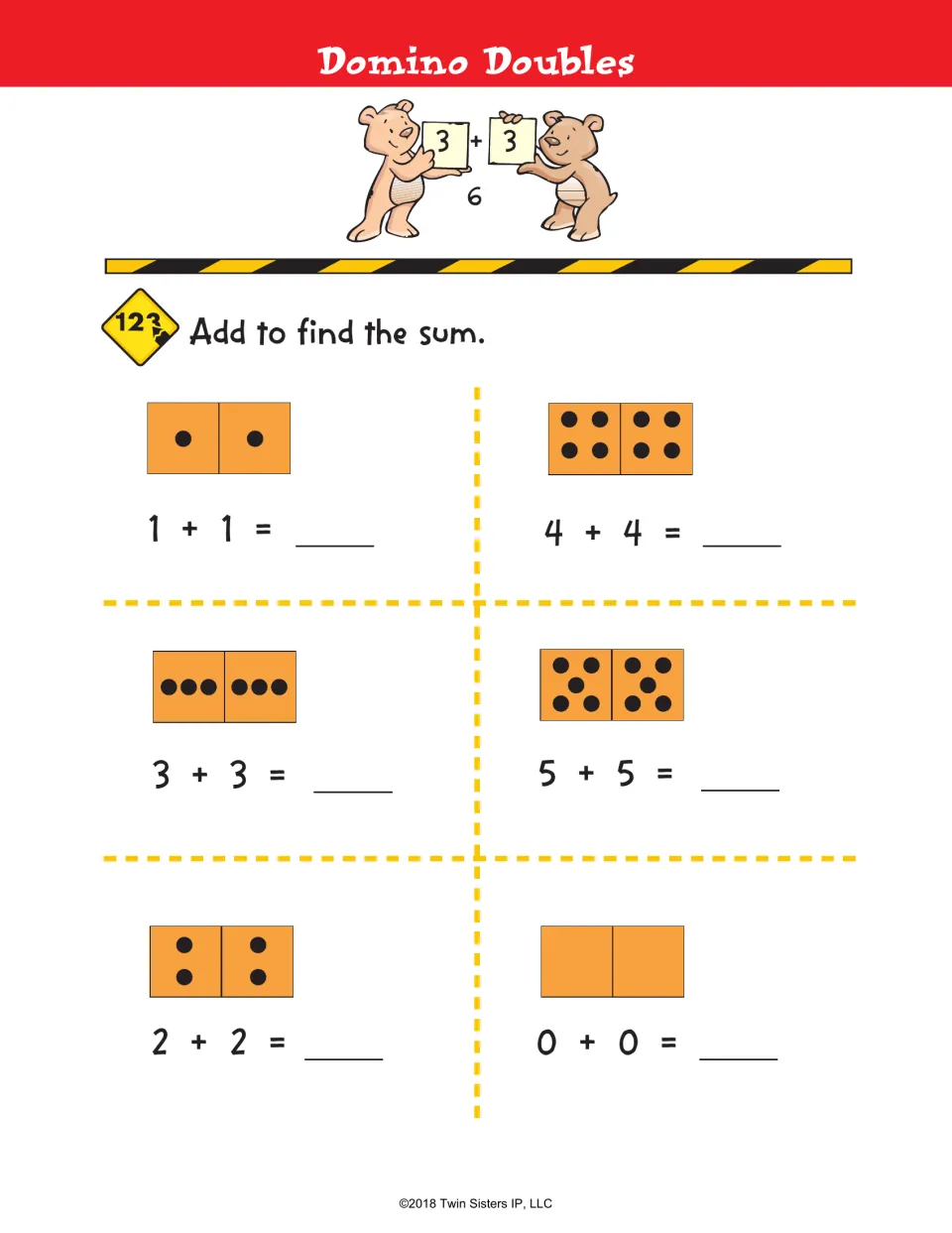 Domino Doubles: students add doubles facts from 0 + 0 to 5 + 5, using matching domino dots to find each sum