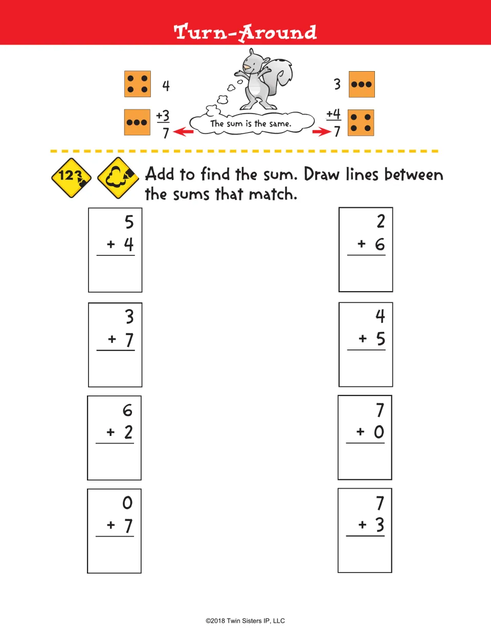 Turn-Around: commutative property of addition; students solve eight facts like 5 + 4 and draw lines between matching sums