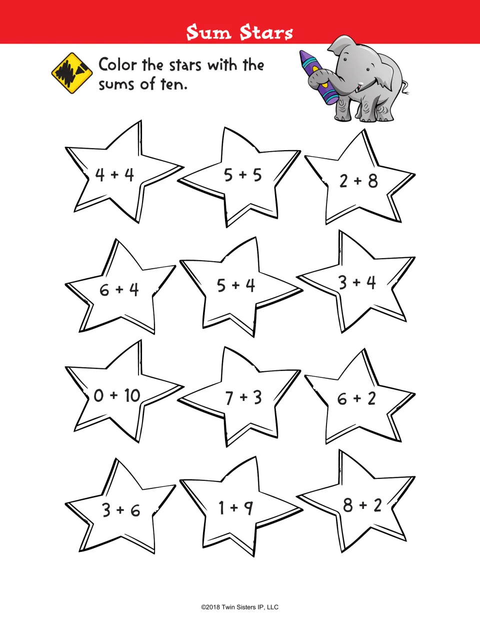 Sum Stars: making ten; students color only the stars whose facts equal ten, such as 5 + 5, 7 + 3 and 1 + 9, among 12 stars