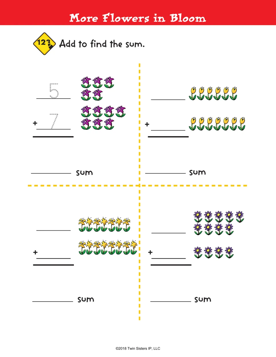 More Flowers in Bloom: students count flower groups, write each addend vertically and add for sums past ten, as in 5 + 7
