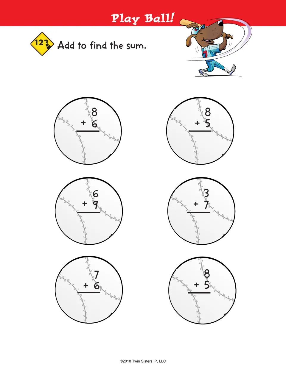 Play Ball!: students solve six addition facts with sums up to 15, such as 8 + 6 and 6 + 9, written on baseballs