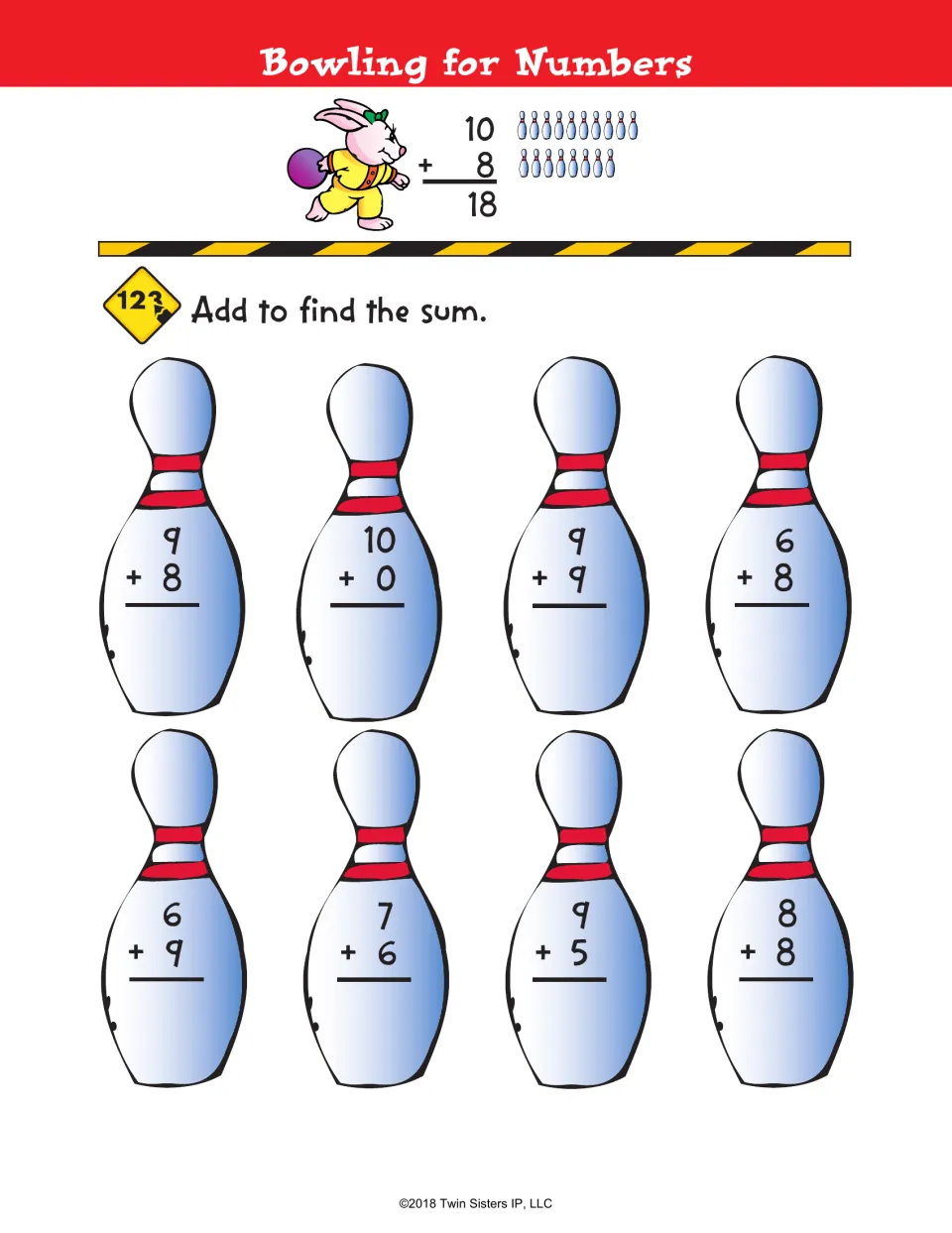 Bowling for Numbers: students solve eight vertical facts on bowling pins, such as 9 + 8 and 8 + 8, after a 10 + 8 = 18 model