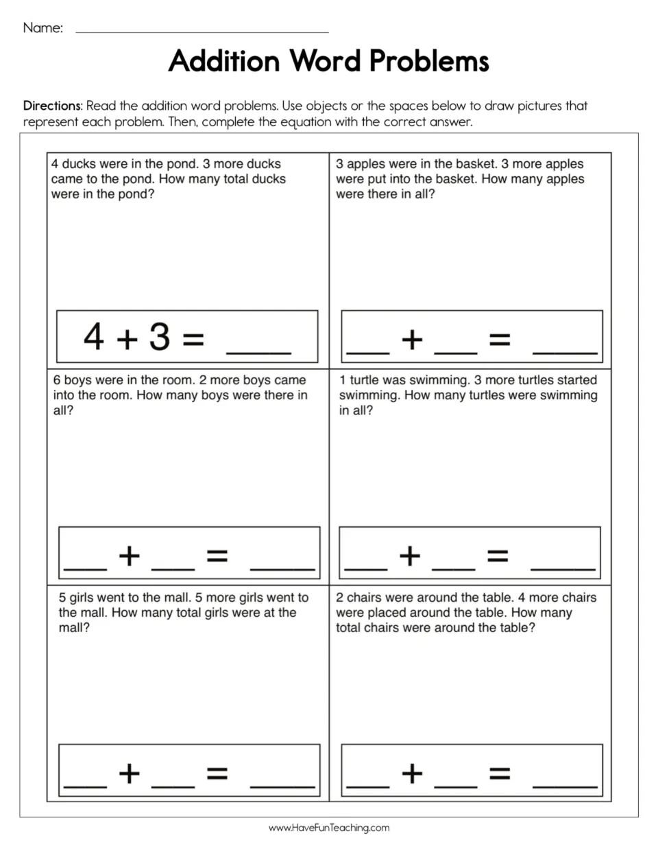 Addition word problems: students draw pictures for 6 stories about ducks, apples and turtles, then write each equation