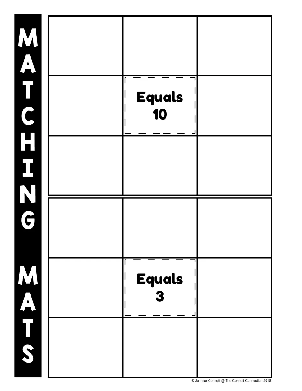 Matching mats for sums of 10 and 3: students sort addition fact cards by total onto the Equals 10 and Equals 3 mats