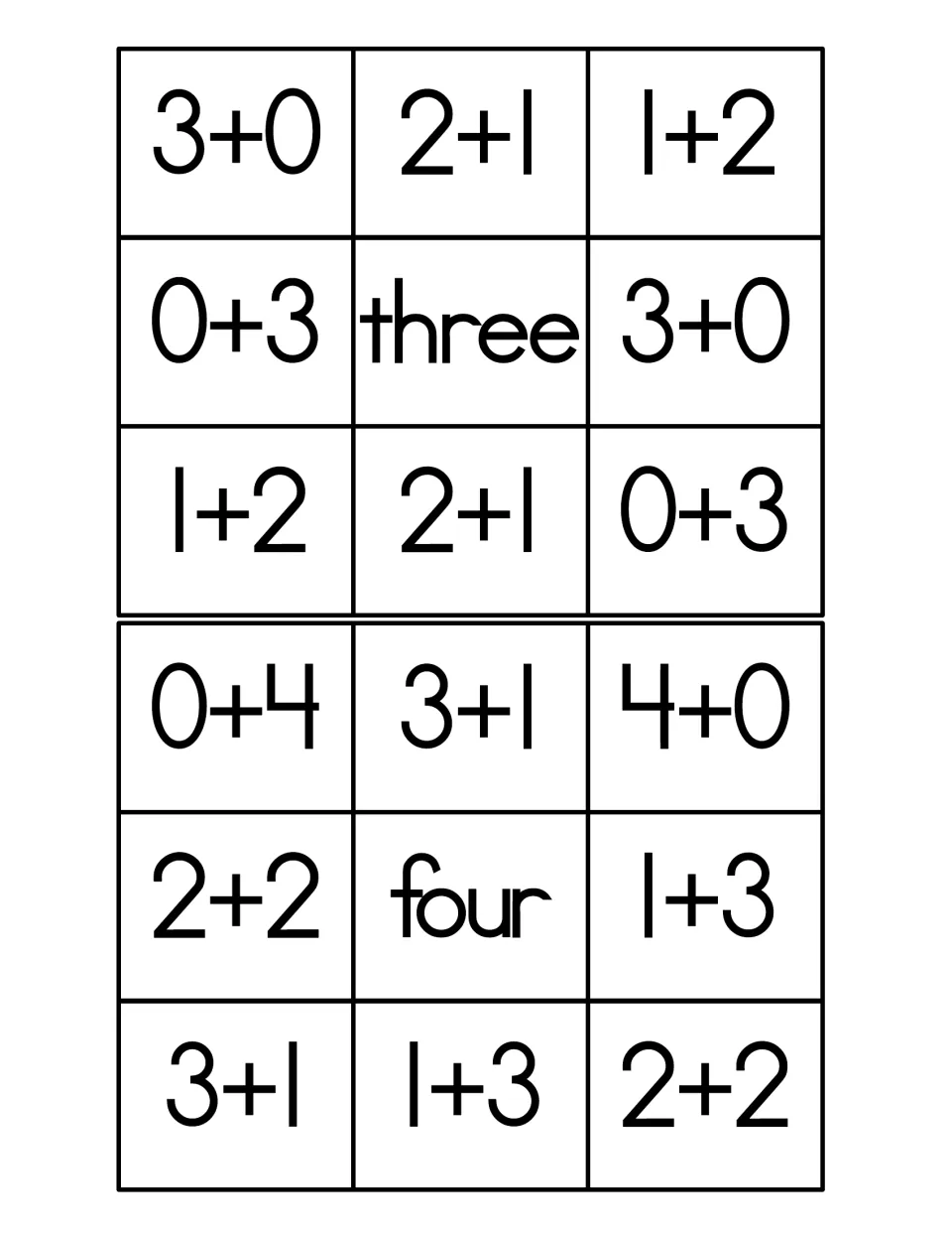 Addition fact cards for sums of three and four: students match facts such as 2+1, 0+3, 3+1 and 2+2 to three or four