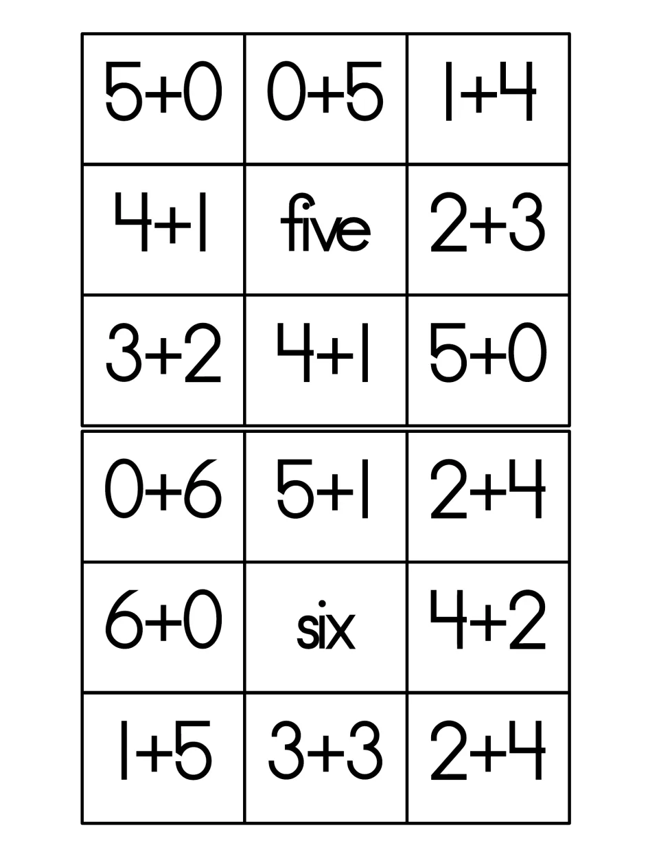 Addition fact cards for sums of five and six: students group facts like 1+4, 2+3, 5+1 and 3+3 by the sum they make