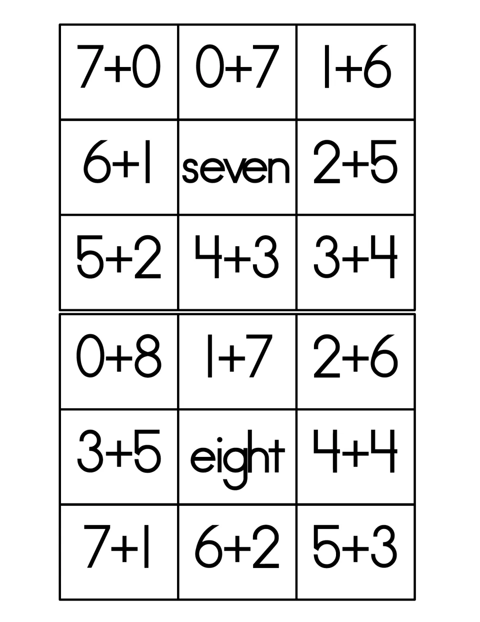 Addition fact cards for sums of seven and eight: students cut out and sort facts like 1+6, 4+3, 2+6 and 4+4 by total