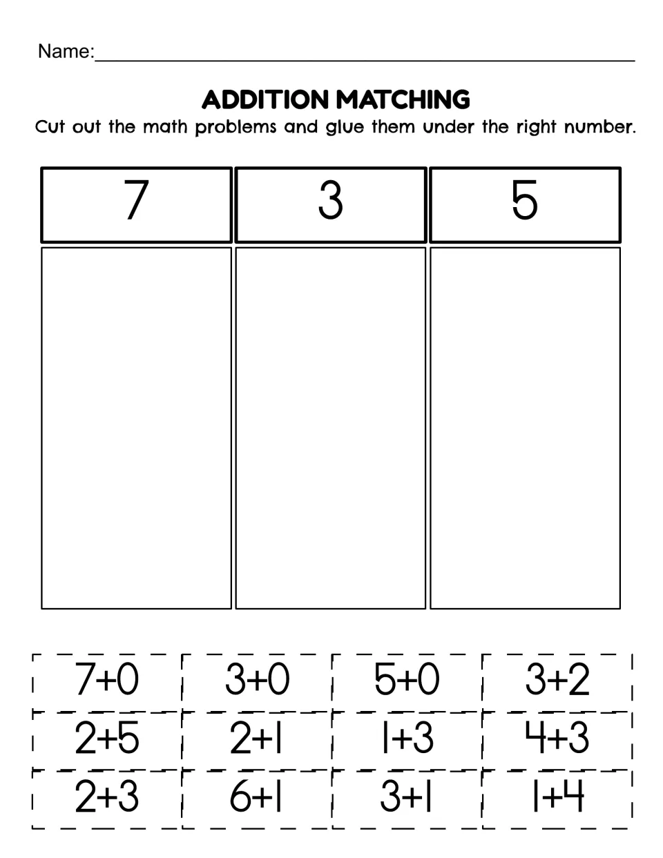 Addition sorting sheet 1: cut and paste 12 facts, including 7+0, 2+5, and 1+3, under labels 7, 3, and 5.