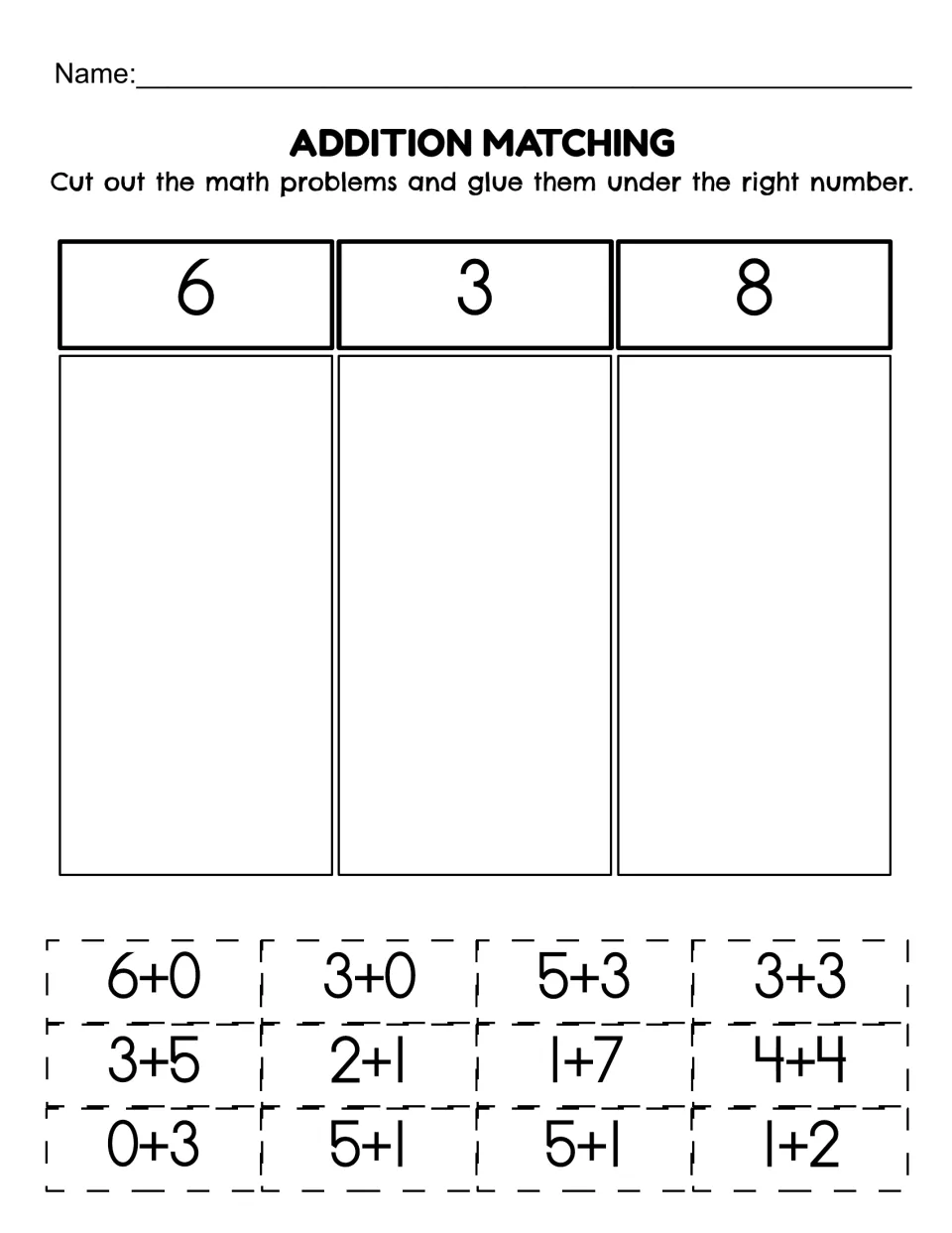 Addition sorting sheet 2: cut and paste 12 facts, including 6+0, 5+3, and 4+4, under labels 6, 3, and 8.